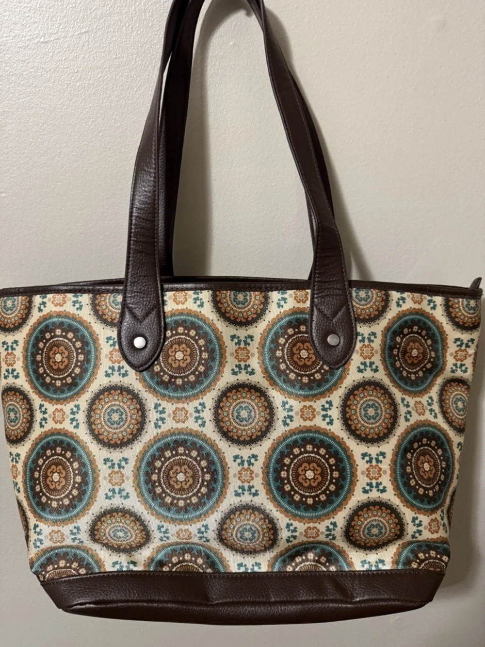 Bella Canvas Cream Tote with Teal and Brown Medallion Print